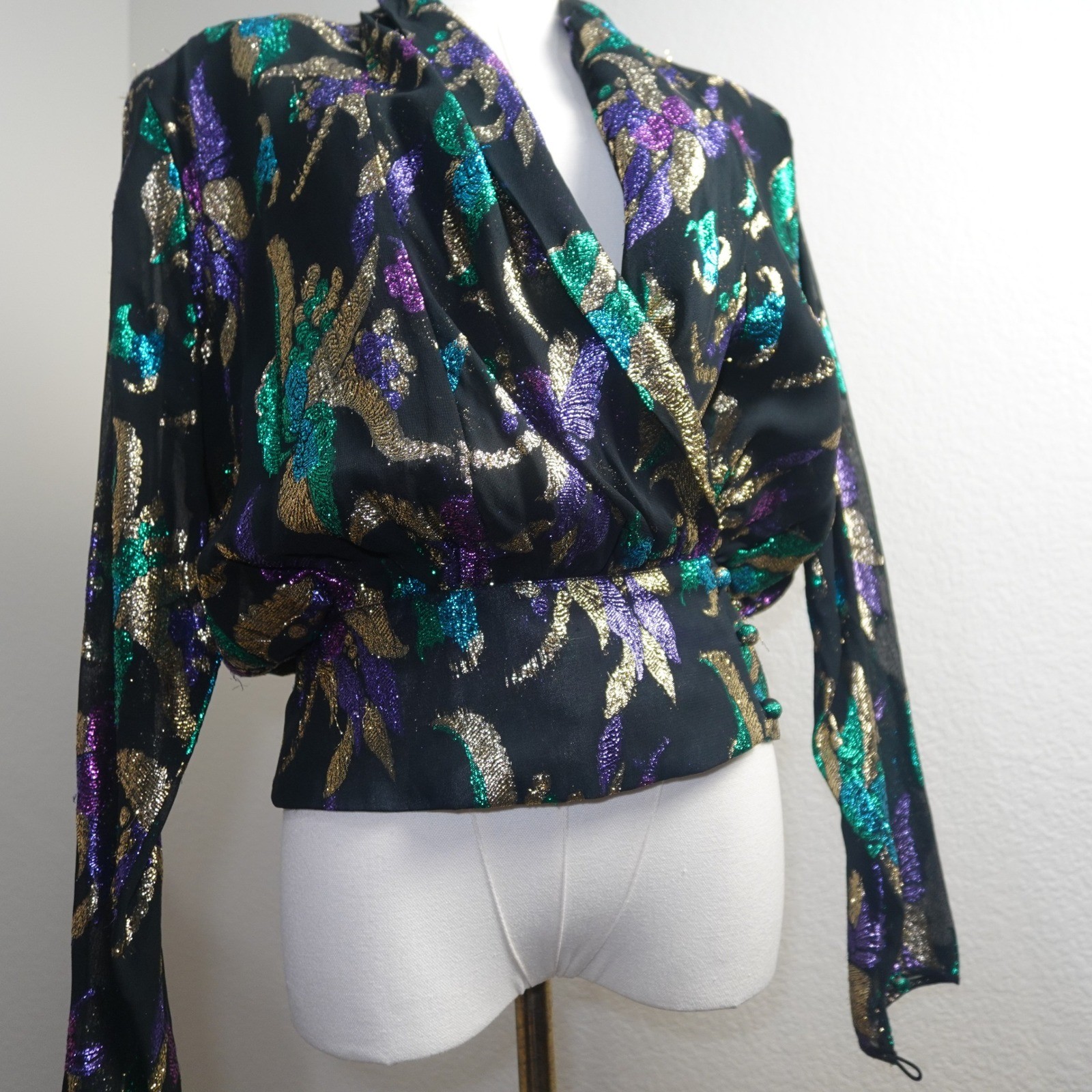 Vintage Anne Klein Black Metallic Abstract Blouse Purple Teal Gold Glam Top 80’s