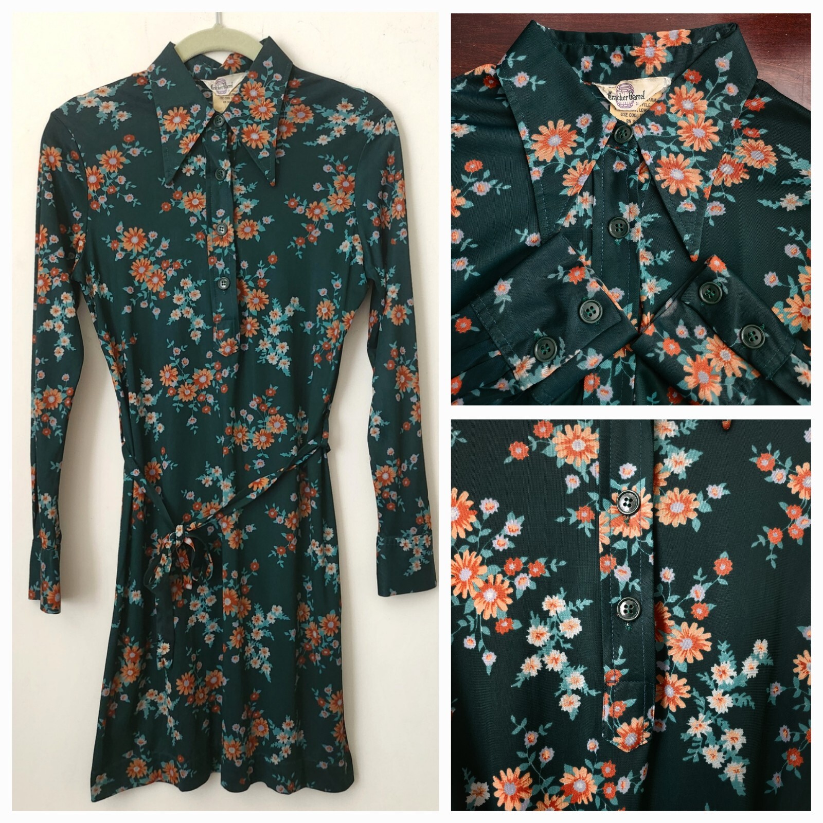 Vintage Cracker Barrel Green Floral Belted Dress Pointy Collar XS, S