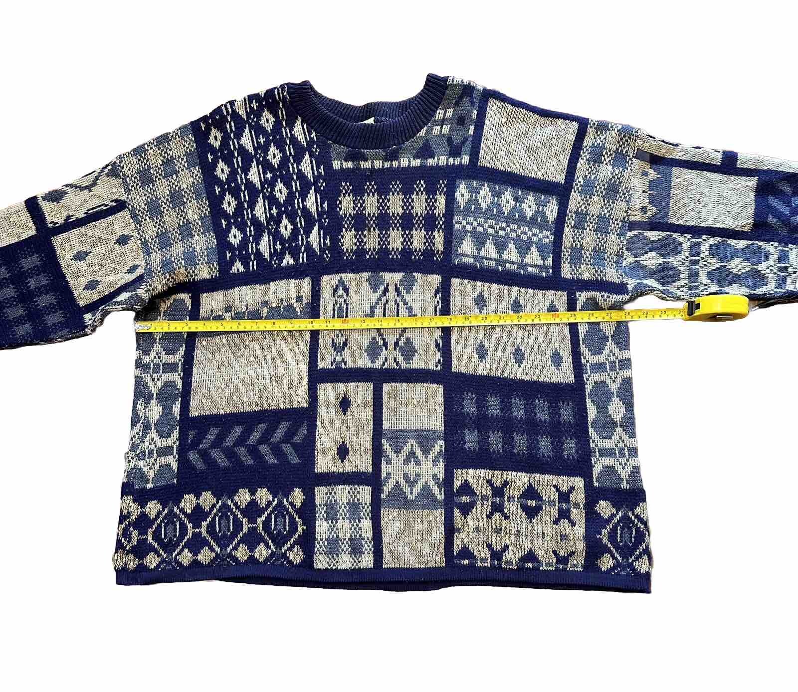 Vtg Y2K Arielle Women Sweater XXL Granny Knit Quilt Square Crewneck Blue READ