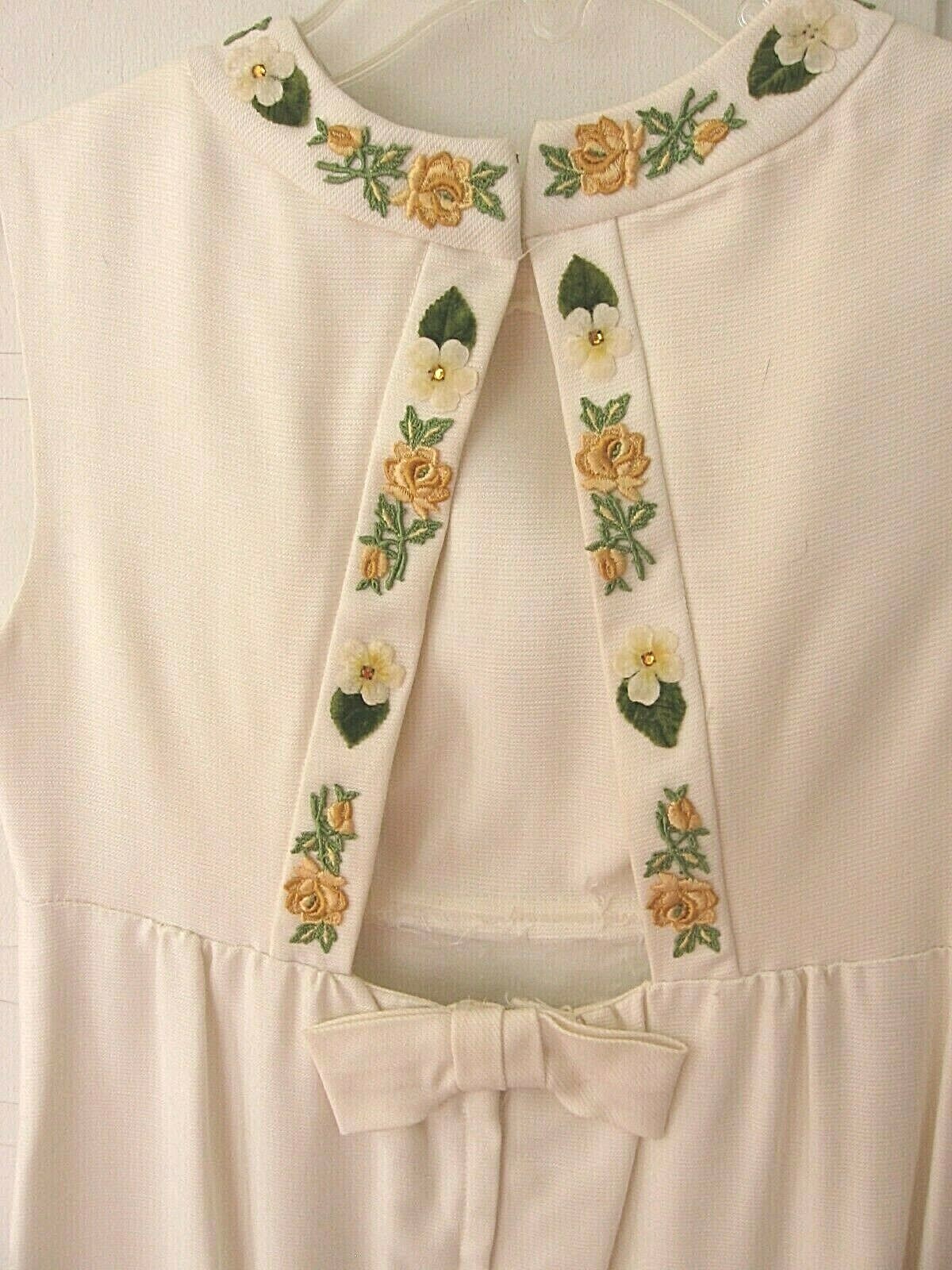 VINTAGE 1960 IVORY EVENING GOWN – GOLD/YELLOW/GREEN EMBROIDERED FLORAL DESIGN