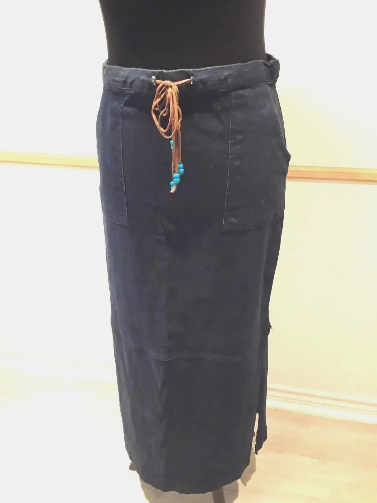 Vtg Tracy Evans Limited Dark Jean Stretch Maxi Skirt Drawstring Waist & Slits 11