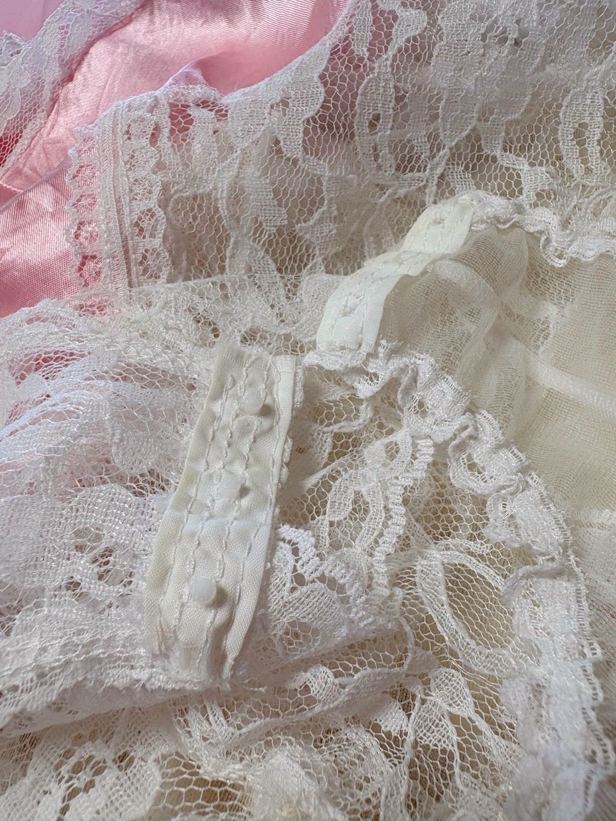 Vintage 80s Lace Pink White Lingerie Teddy Nightgown Romper Bodysuit USA Kawaii