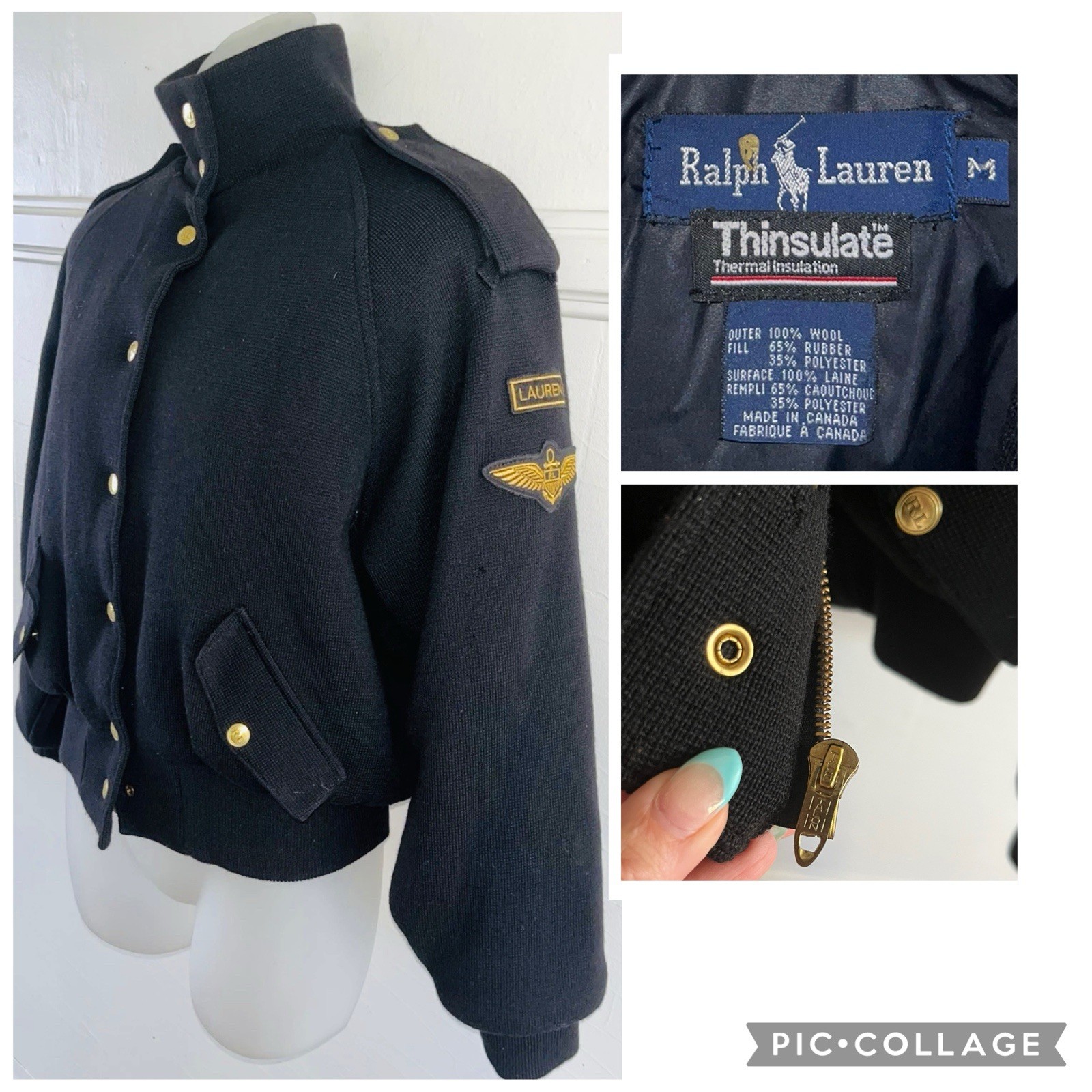 Vintage 80s Ralph Lauren Wool Military Thinsulate Bomber Jacket Talon Zip-Sz M