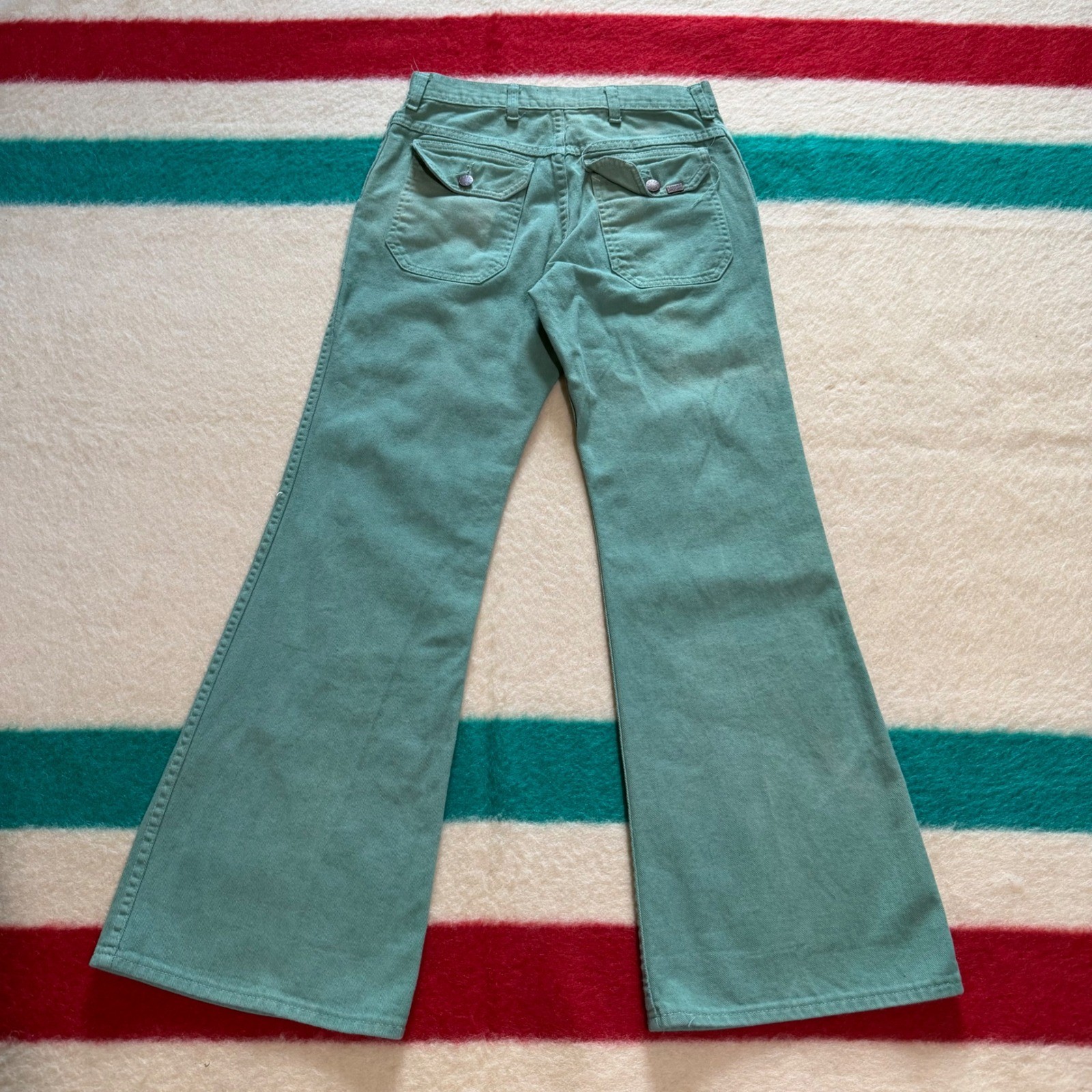 VTG 70s Green Denim Flared Pants Talon 42 Zip High Waist 29×29