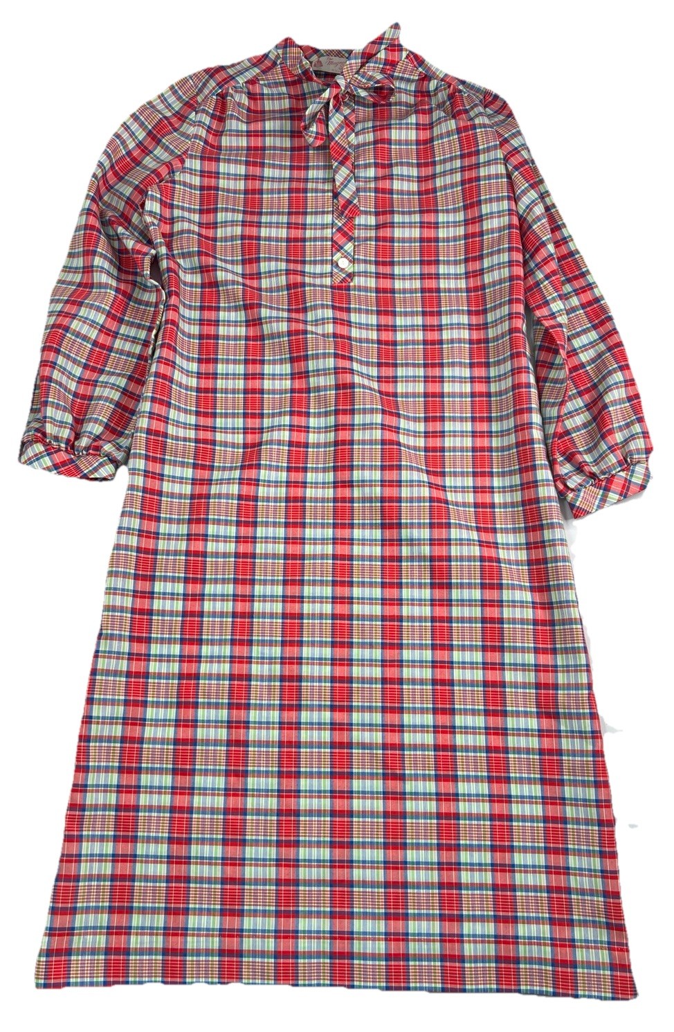 VTG Plaid Shift Dress Preppy Classic Button Bow Neckline Magnolia Shoppe Sz Med