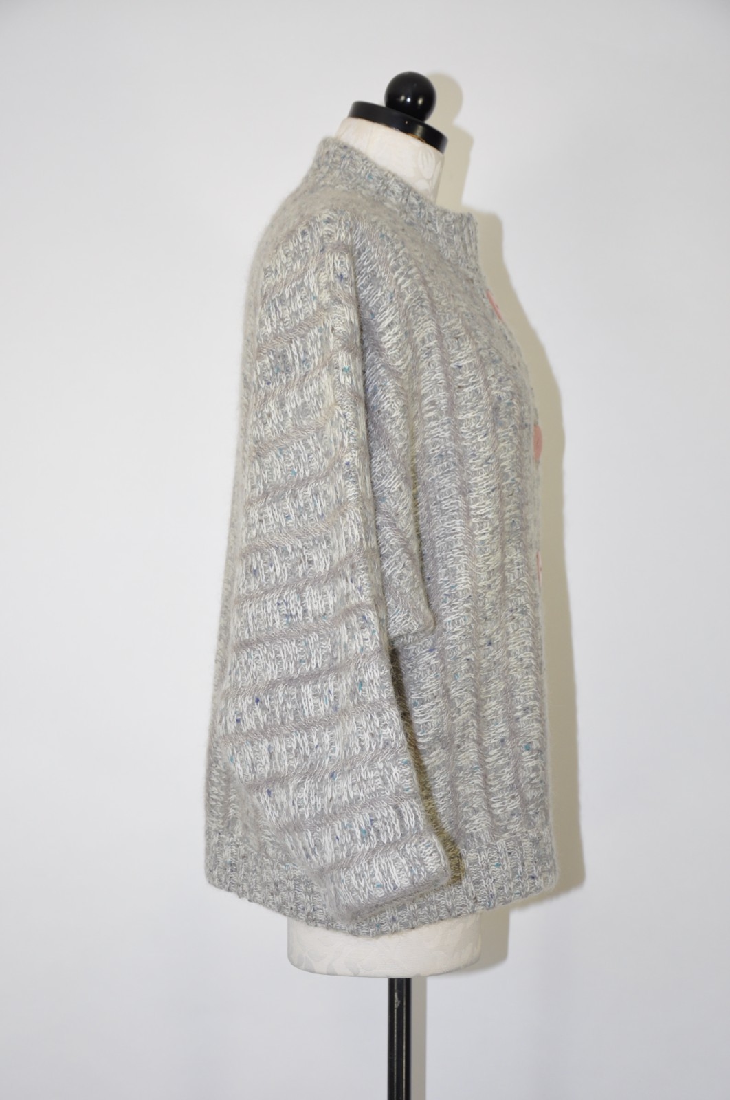 80s Vintage Gray Fuzzy Wool Mohair Buttoned Cardigan Sweater Jacket Women L XL