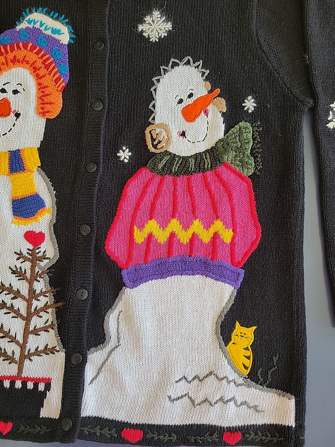 Vintage The Quacker Factory Women M Winter Snowmen Theme Knit Button Up Sweater