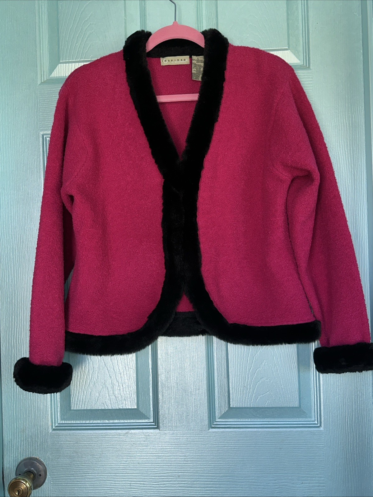 VTG Inspired By Bellepointe Fuscia Lambs Wool Cardigan Black Faux Fur Trim NICE