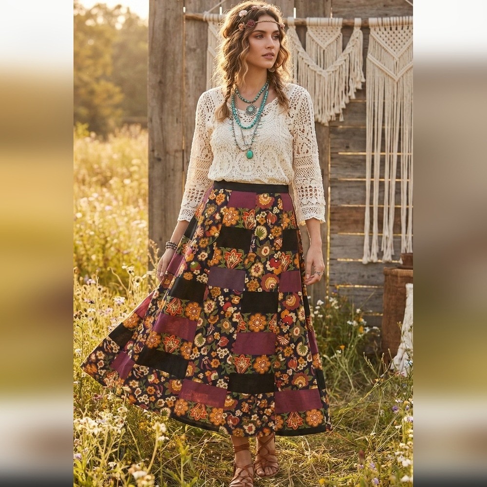 Vintage 70s Velvet Patchwork Wrap Maxi Skirt Bohemian Hippie Florals Festival