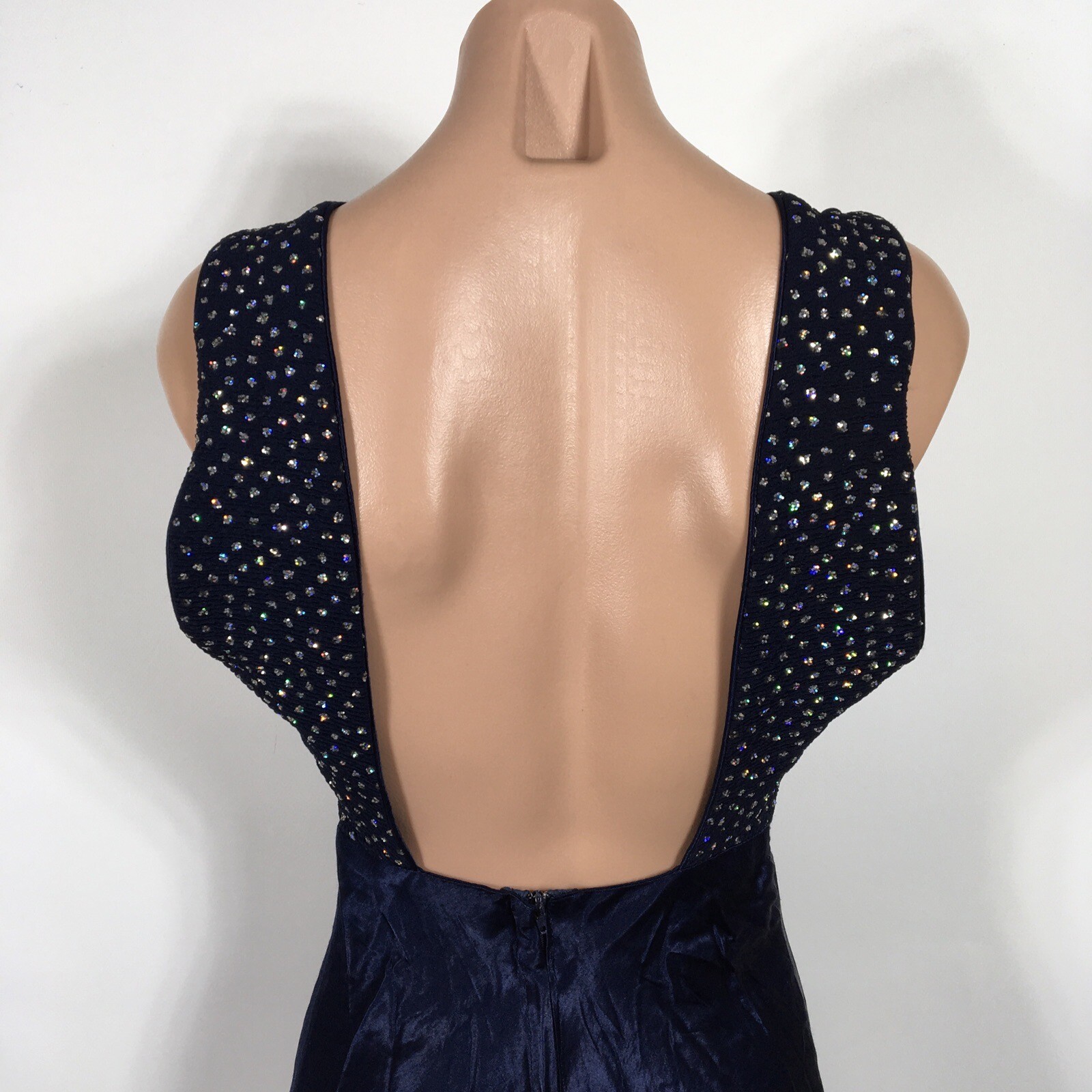 Vtg 90s y2k L.A. Glo Blue Glitter Prom Dress Evening Formal High Neck Backless