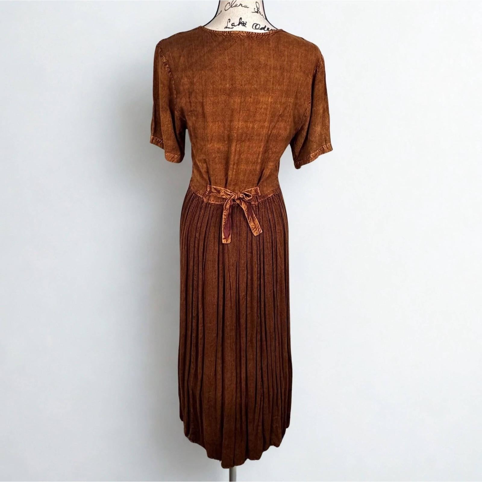 Vtg Brown Maxi Dress Embroidered Tie Back Sz Medium Boho Renaissance Fairy