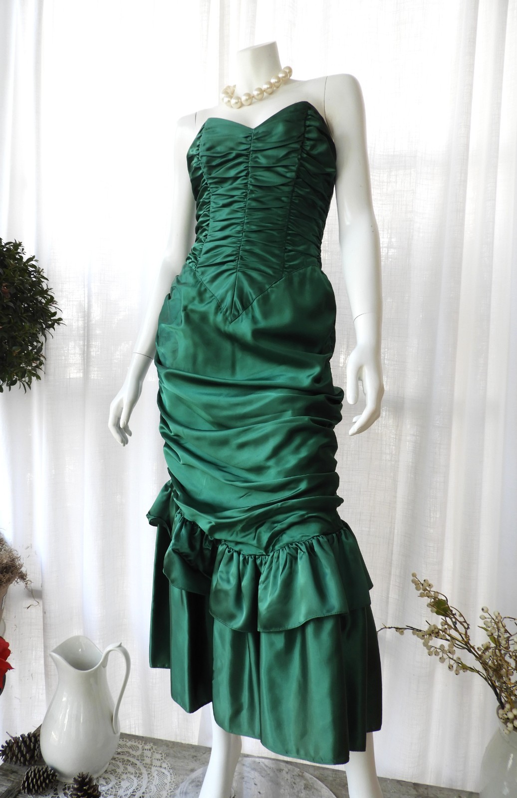 Vtg 30’s Style Gunne Sax Emerald Green Ruched Formal Dress Jessica McClintock Sm
