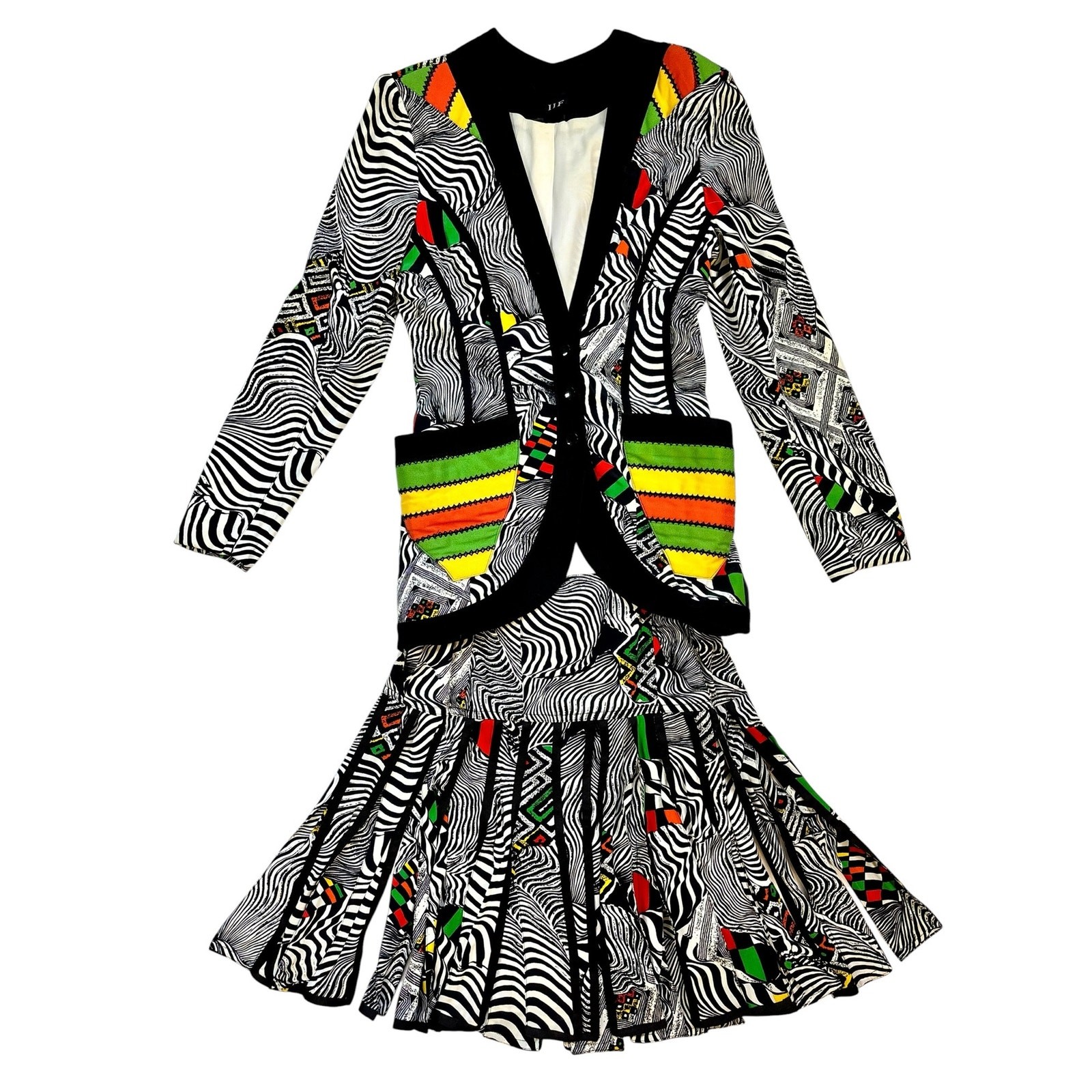 1980s IIF Zebra Geometric Print Skirt Set Blazer Car Wash Fringe Mini Two Piece
