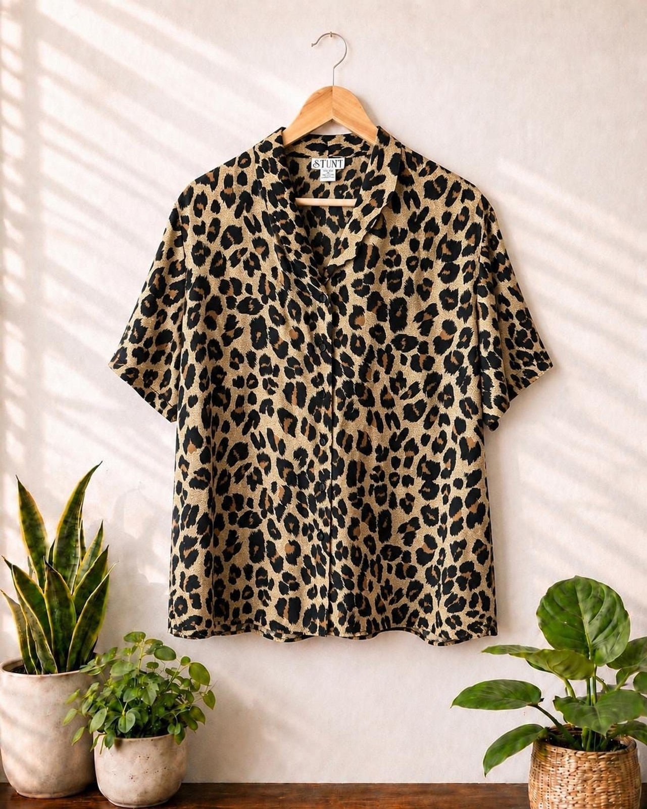 Vintage 90s Leopard Print 100% Silk Blouse Button Front Animal Print Top Large