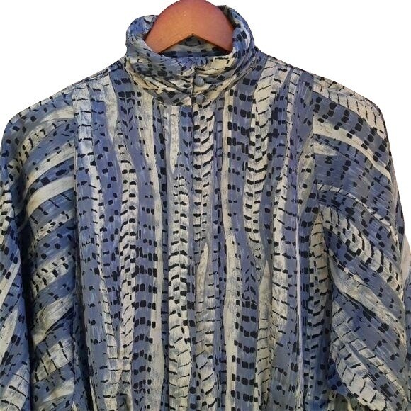 Vintage Tess Blouse 12 Blue Python Mock Neck Bishop Romeo Renaissance Rare