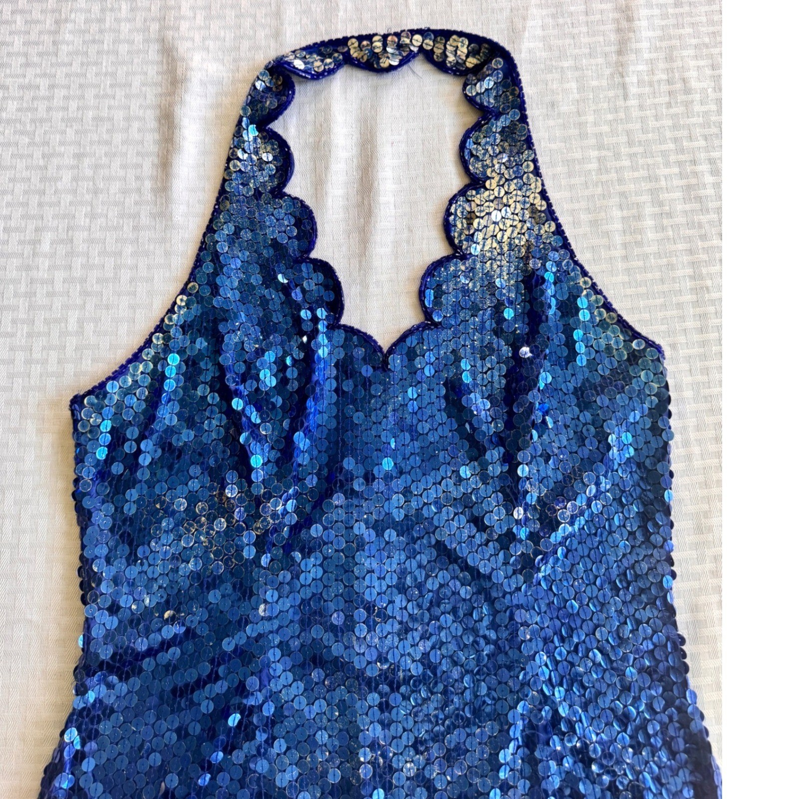 Niteline Della Roufogali Vintage Royal Blue Sequin Halter Scalloped Dress 12