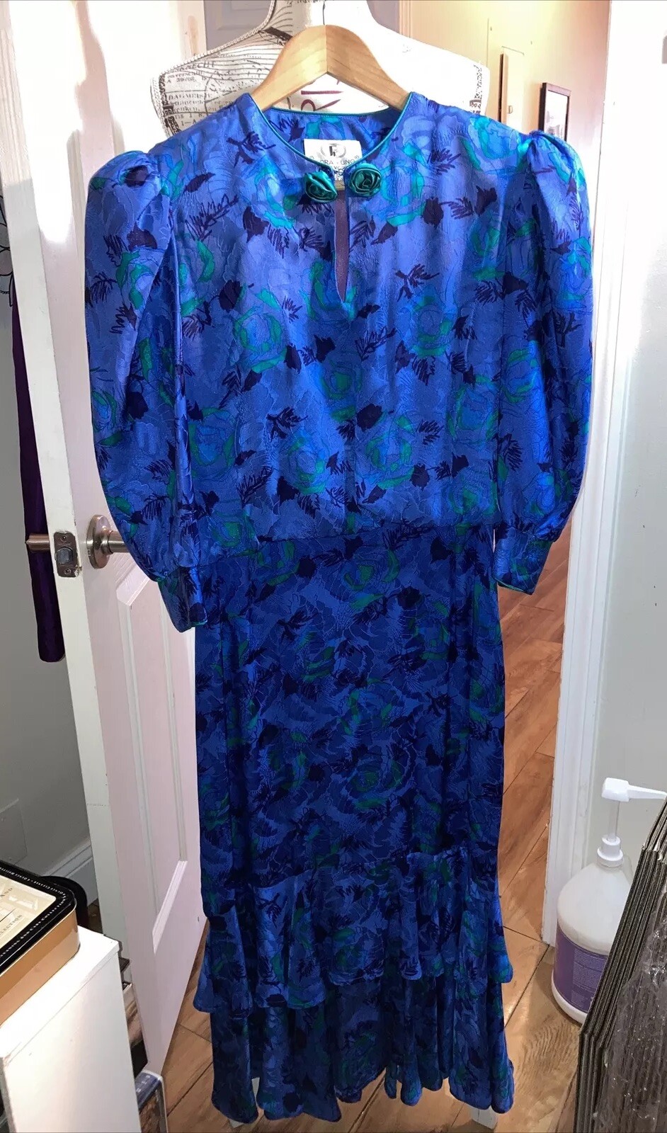 Vintage 80’s 90s Flora Kung 100% Silk Floral Dress Size 10 Blue Purple Green