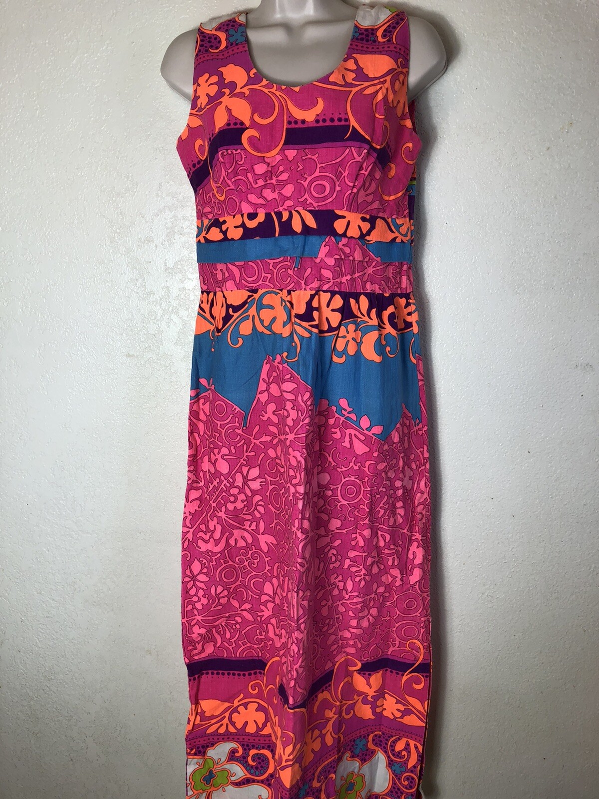 Vintage 60s Malihini Hawaii Groovy Bright Pink Orange Floral Maxi Dress