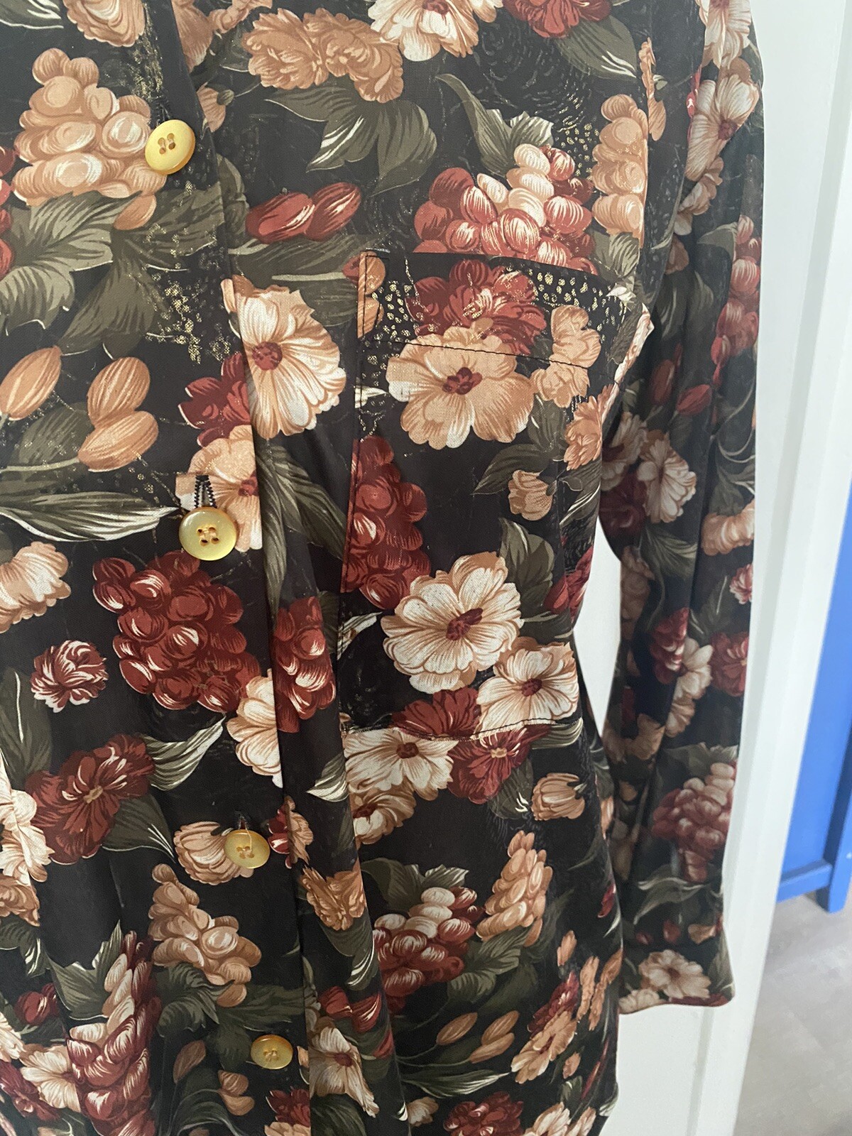 Vintage 90s Mob Wife Office Siren 70s Glam Floral Metallic Blouse Sz P* USA