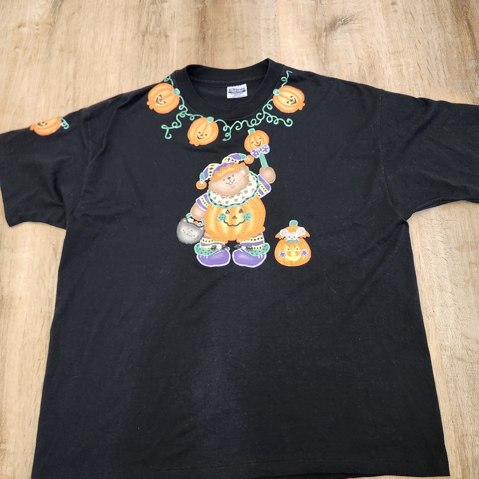 VTG Halloween Pumpkin Bear Puff Paint Single Stitch T-Shirt Sz XXL Hanes 50-50