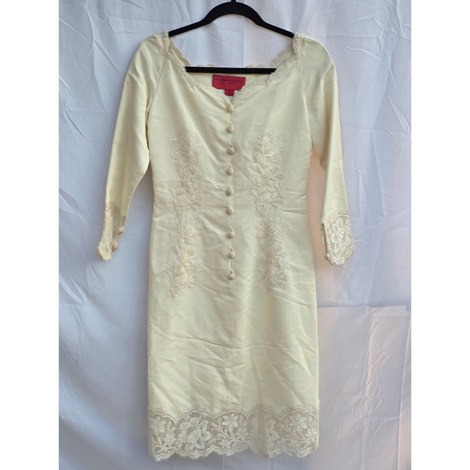 Emanuel Ungaro Ombre de la Nuit Cream Lace Button Front Vintage Dress Italy 10