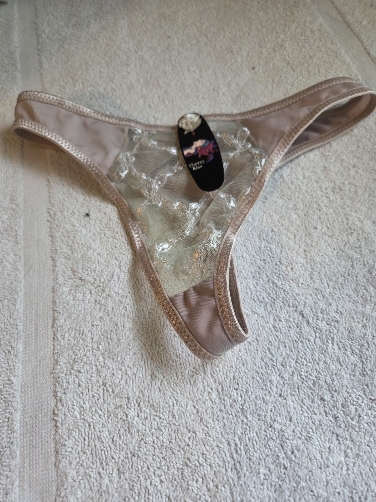 New w/ Tag! Vintage Sheer Nude Nylon Cherry Kiss Thong Size Small 5