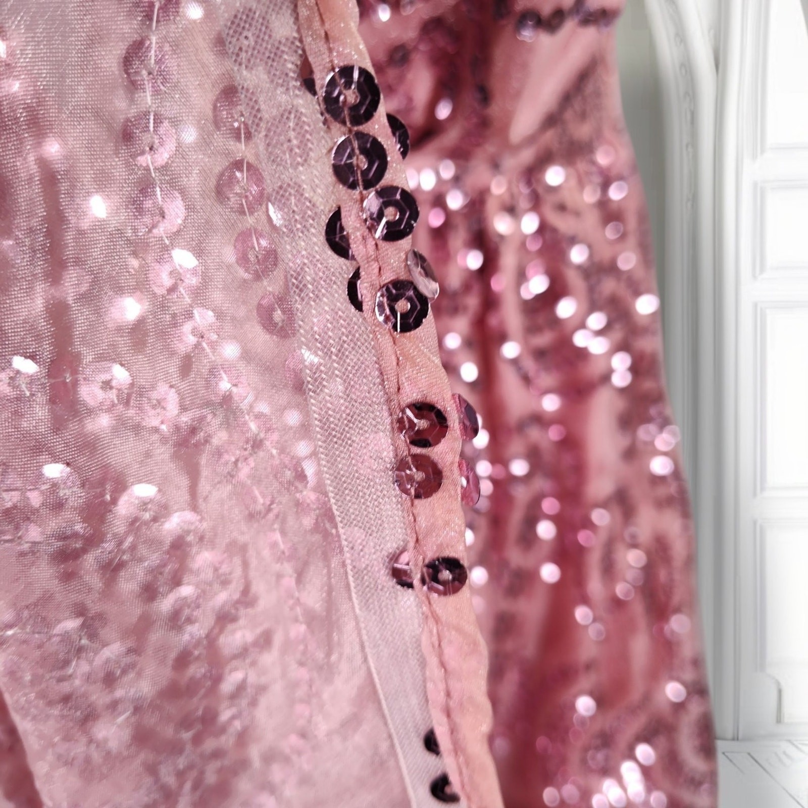 Vintage 80s Pink Sequin Formal Dress Size 12 Puff Sleeve Basque Waist