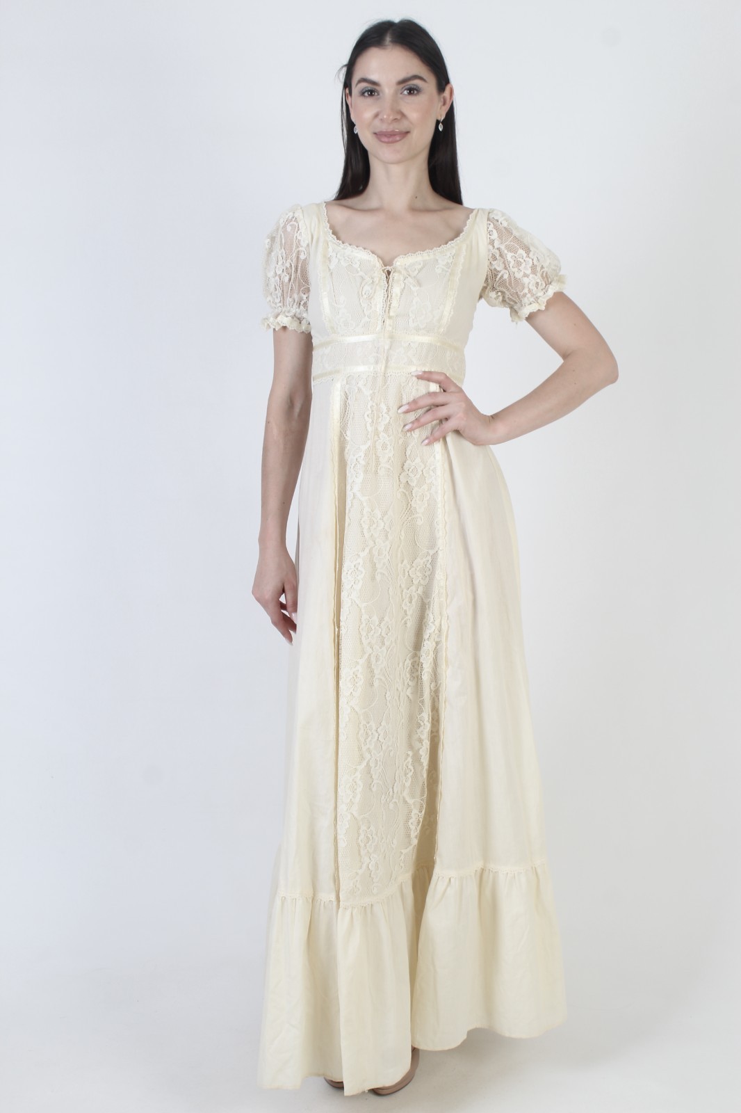 Vtg 70s Cream Prairie Dress Lace Up Corset Cottage Peasant Sheer Slv Boho Gown