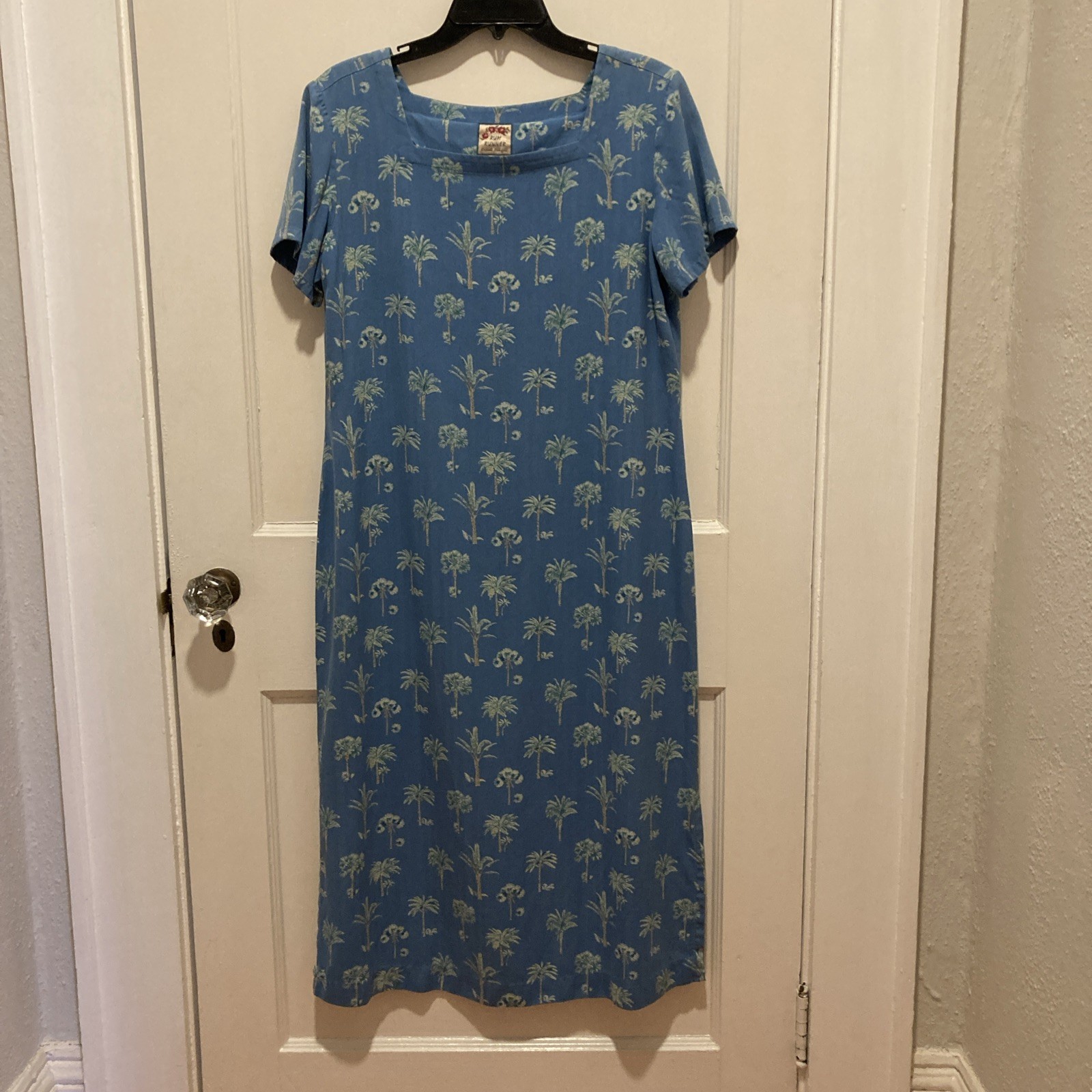 Rum Runner Hawaiian Silk Maxi Tiki Dress M-L Blue Green Tropic Palm Tree Vintage