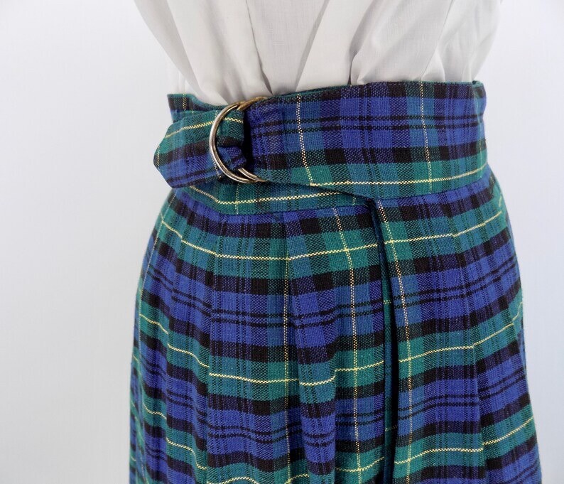 Vintage 90s does 50s David Brooks Green, Blue, and Yellow Plaid A-Line Skirt W26
