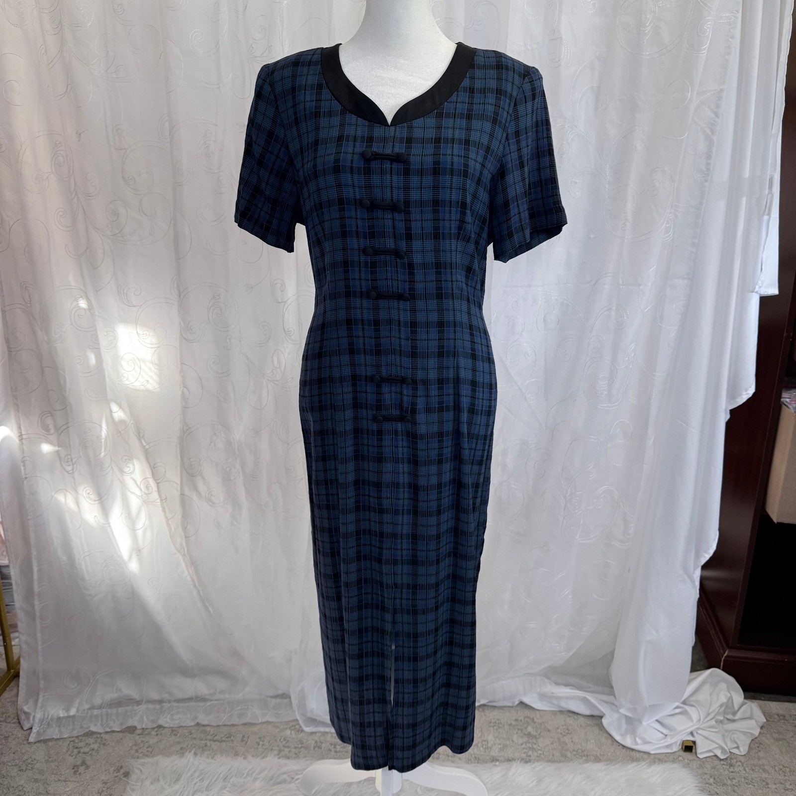 Dawn Joy II Vintage Plaid Midi Dress Blue Black Frog Closure Petite 12P USA Made