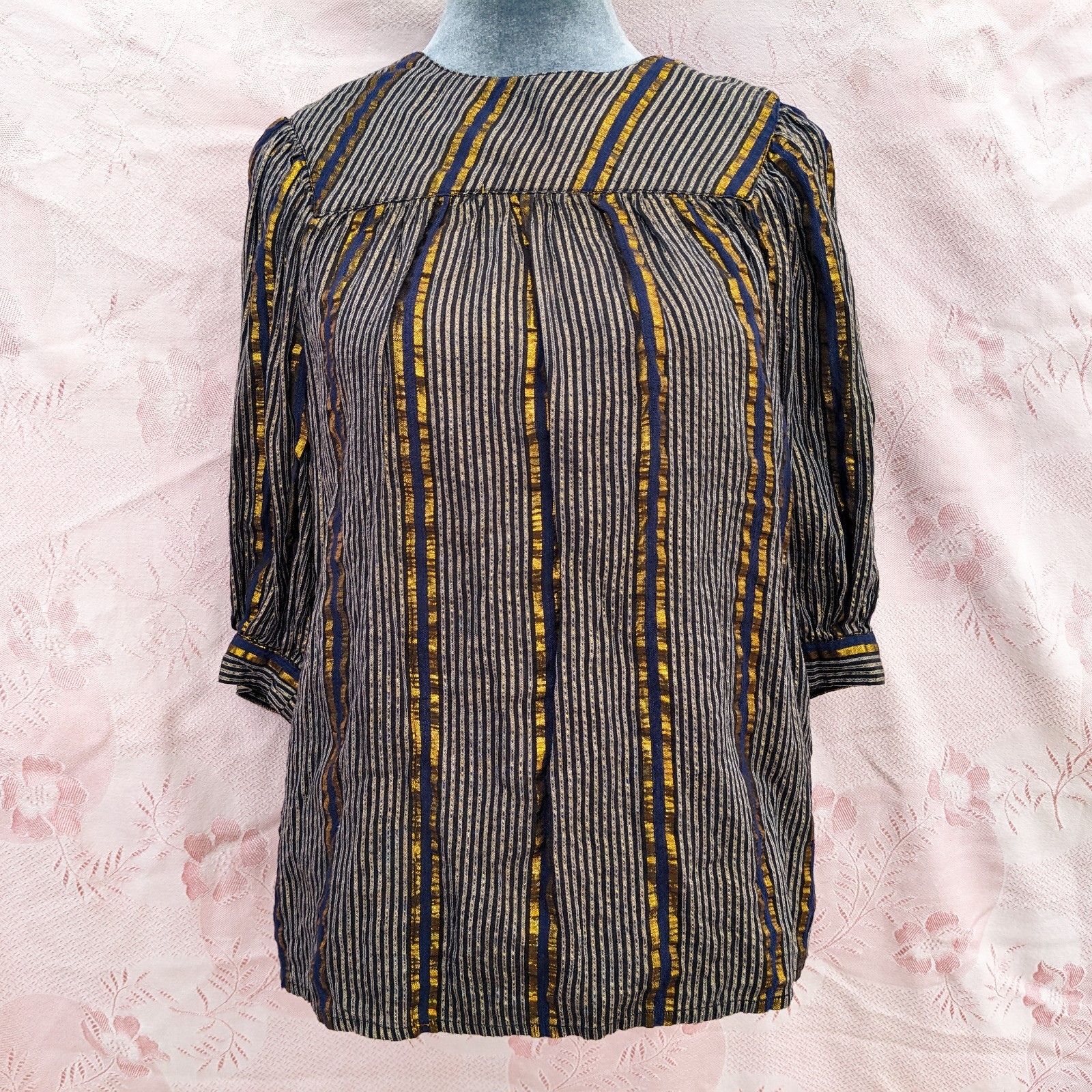 Vintage 70s Adini India Blouse S Navy Gold Lurex Metallic Stripe Boho Tunic Top