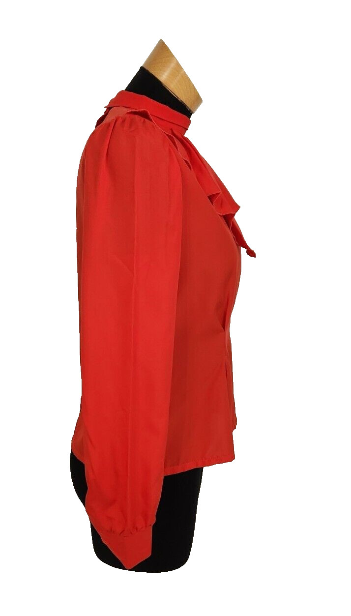 Vtg 70s Rust Red Long Sleeve Blouse Oversized Ruffled Collar Fitted Waist Retro