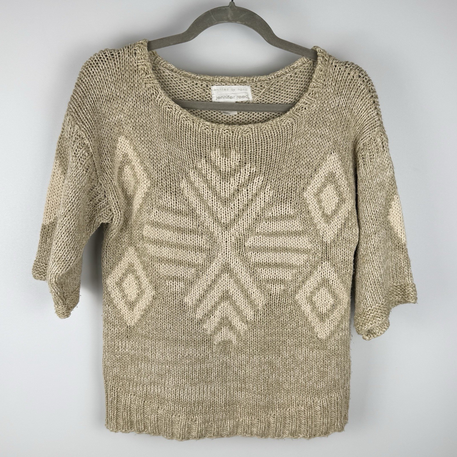 Vtg Jennifer Reed Hand Knitted Silk Blend SS Sweater M Natural Geometric Aztec