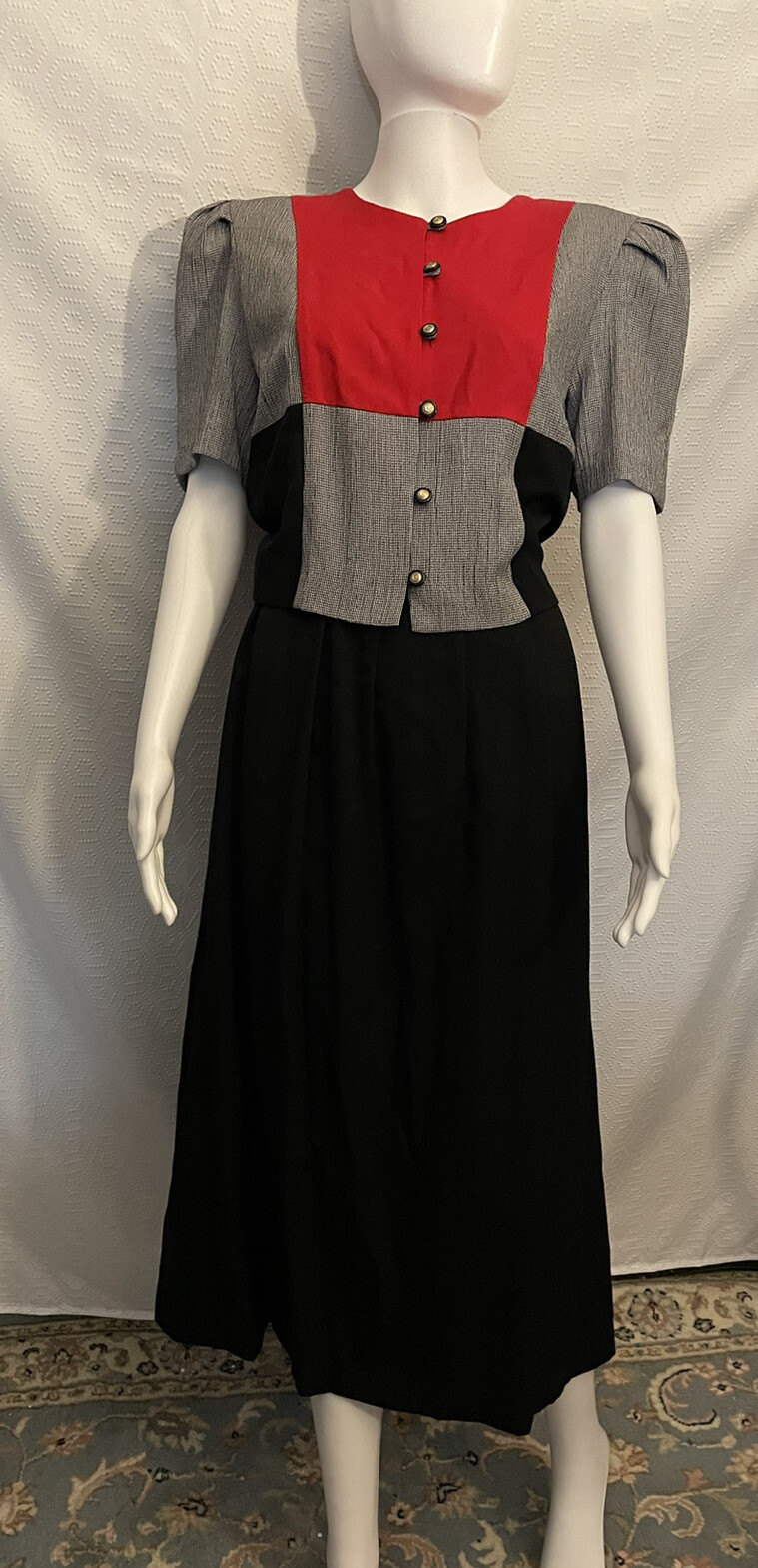 Vintage Miss Dorby Midi Dress 14 80s Color Block Black Red