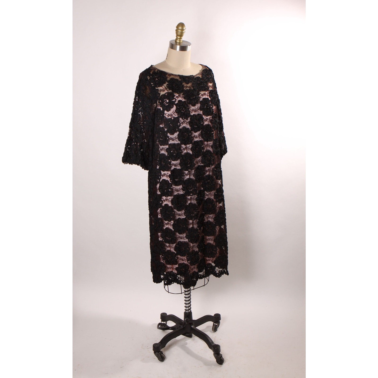 1960s Sheer Black Floral Lace Overlay Dress with Two Slips in Pink and Black