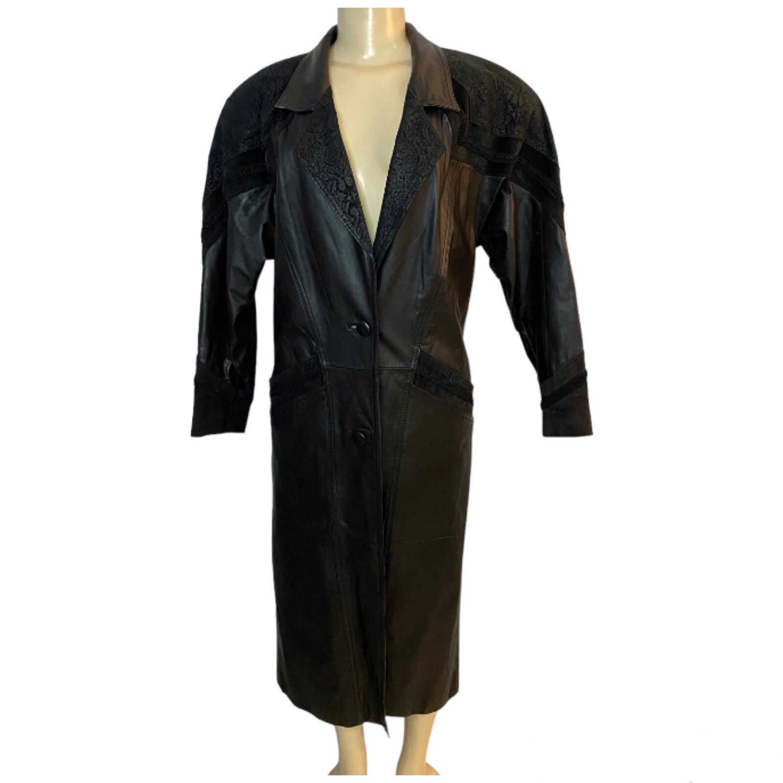 FINAL SALE Vintage 80s Winlit Black Leather & Suede Paisley Trench Long Coat