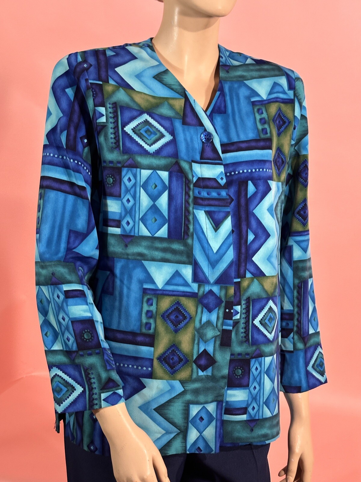 VTG N Touch Petites 80’s Women’s Blouse Turquoise Shoulder Pads Geometric