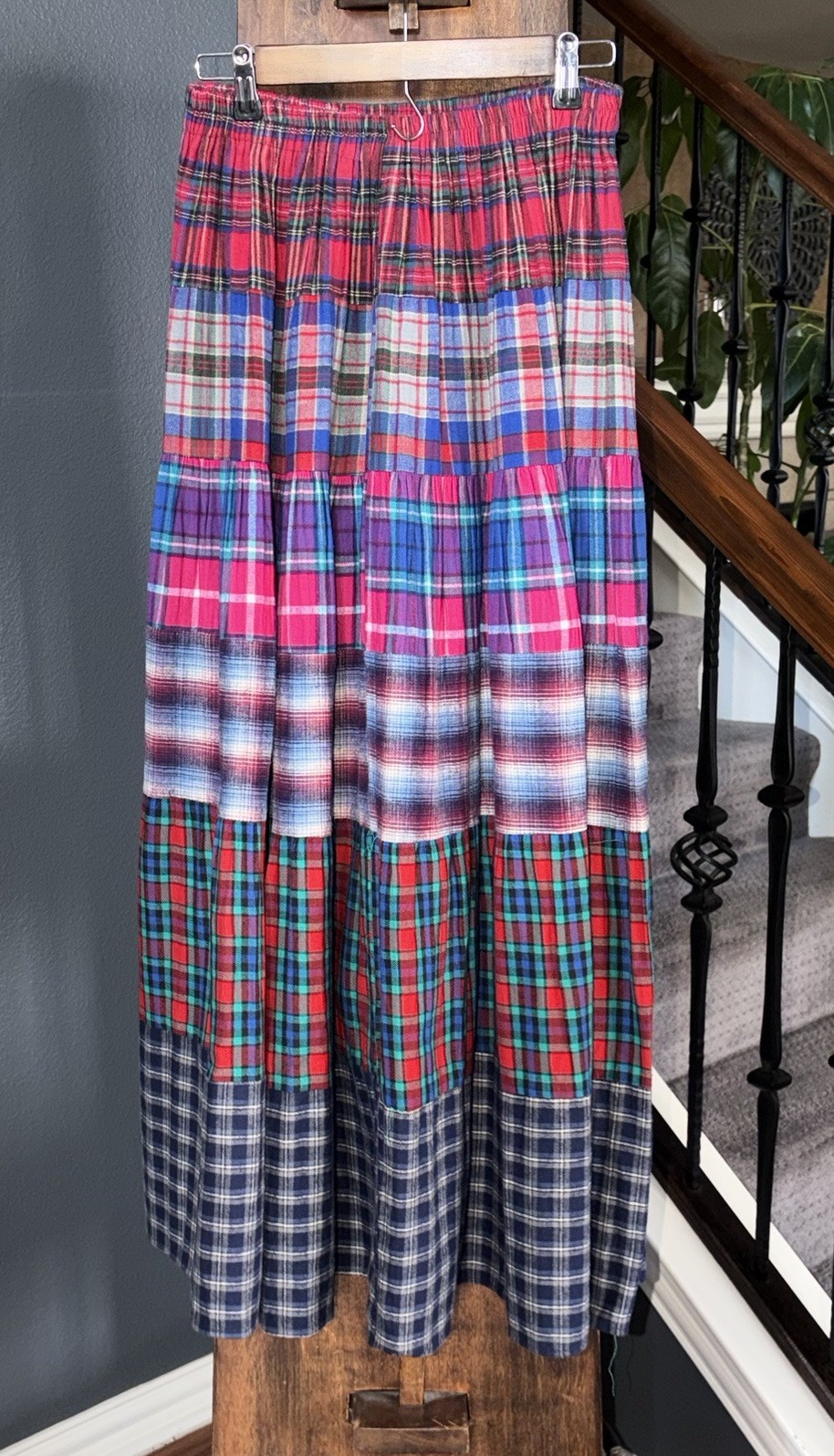 VTG Tour De France Plaidwork Maxi Skirt 100% Cotton Indie Grunge Elastic Waist