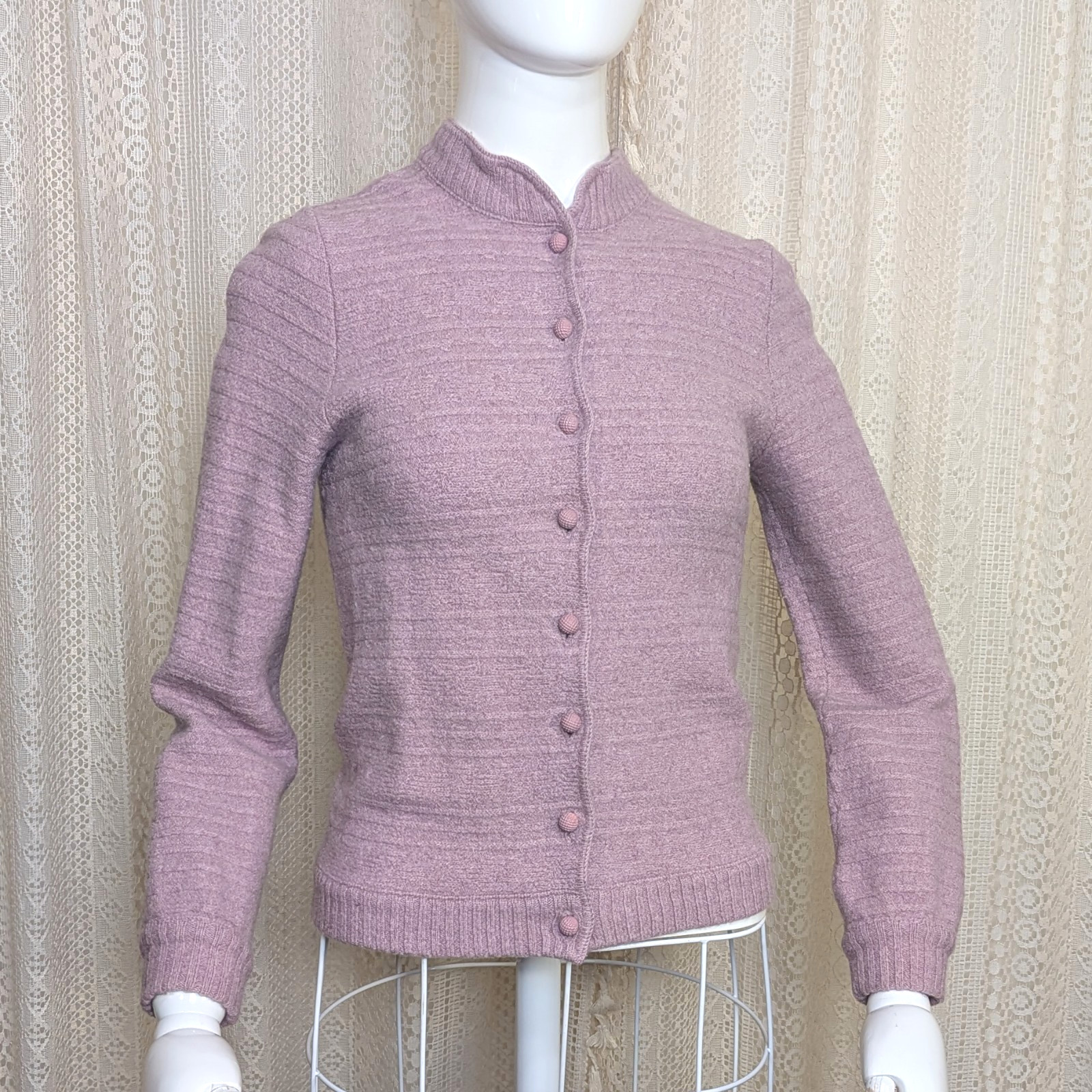 Vtg 60s Dalton Lilac Purple 100% Virgin Wool Pin Up Sweater Girl Cardigan XS S