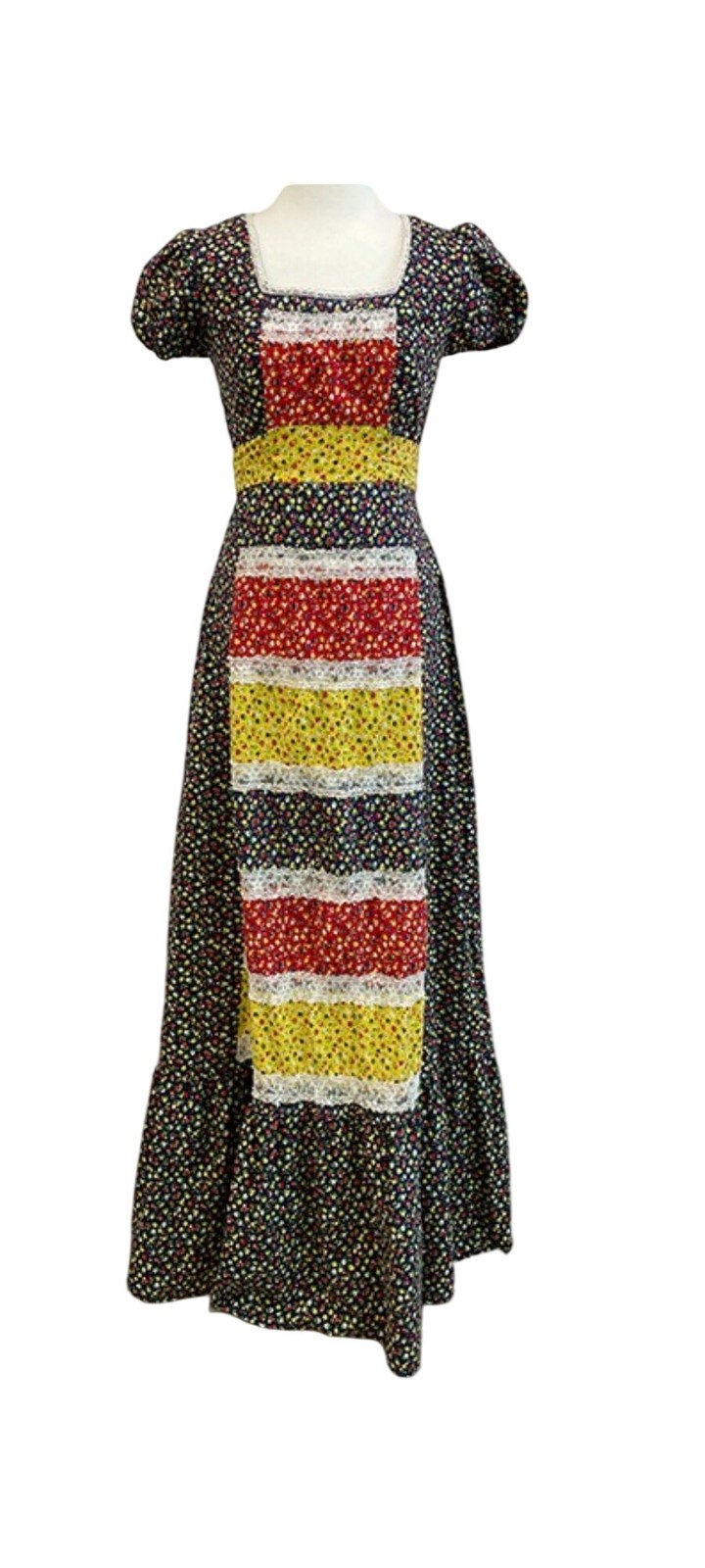 Vintage 70’s Floral Patchwork Prairie Maxi Dress Lace Trim Multi-Color S Cotton
