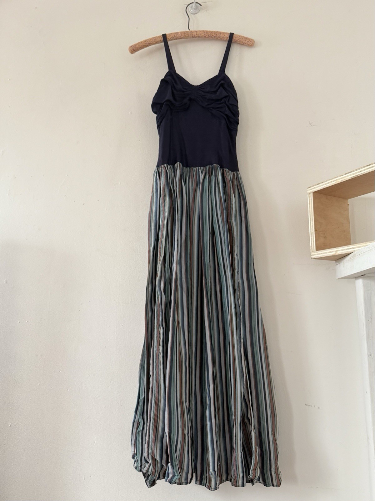 Vintage 40s Rayon Maxi Dress Ruched Bodice Colorful Striped Full Sweep Skirt XXS