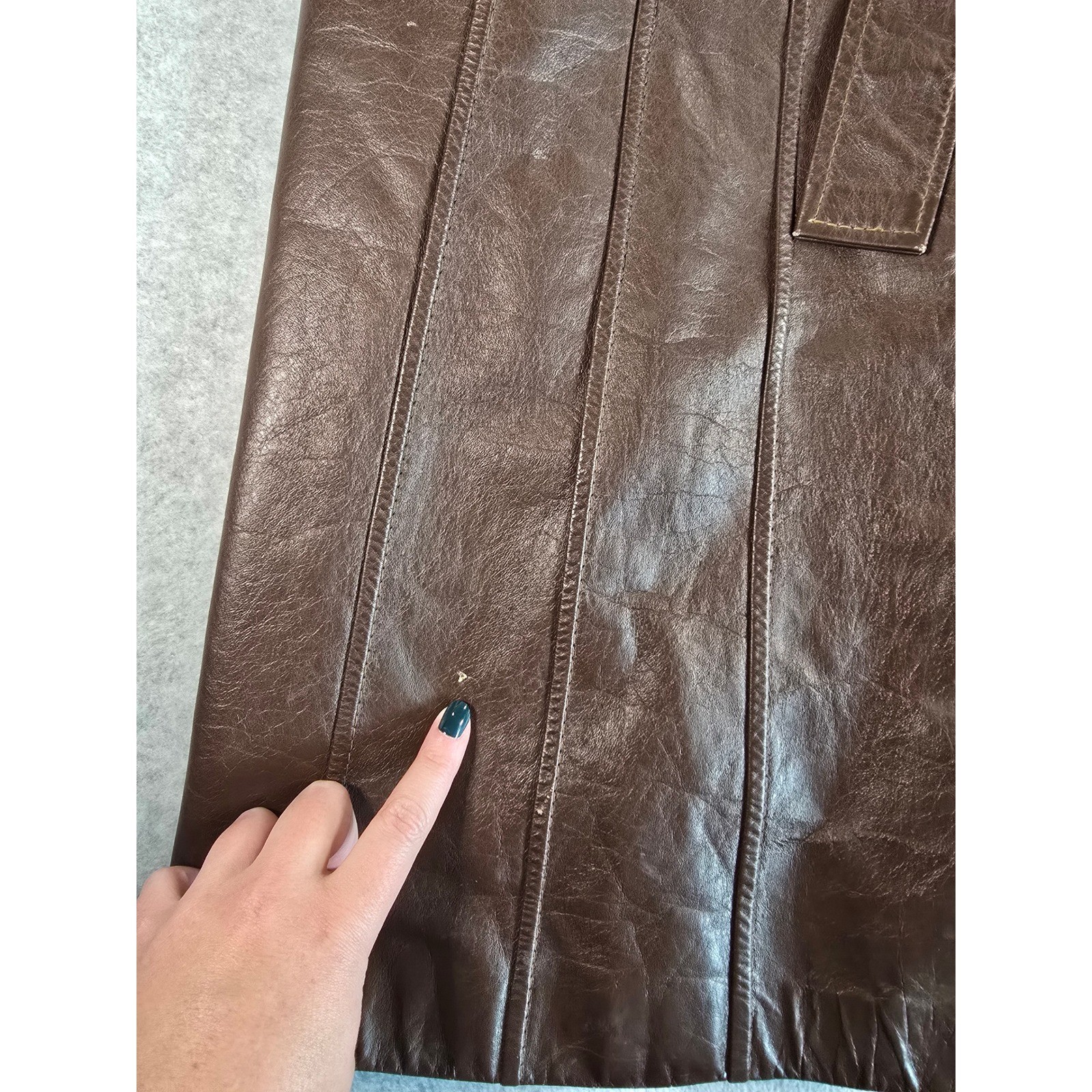 Vintage 70s Brown Leather Trench Coat Long Belted Womens 14 Junior Gallery Retro