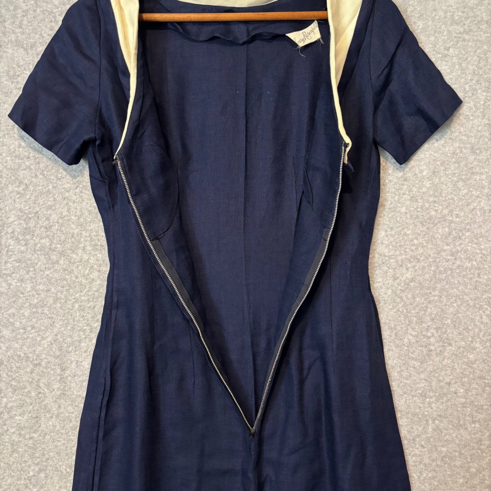 Vintage 50s Henry Rosenfeld Navy Blue Dress Cream Shawl Collar Linen Sheath Midi