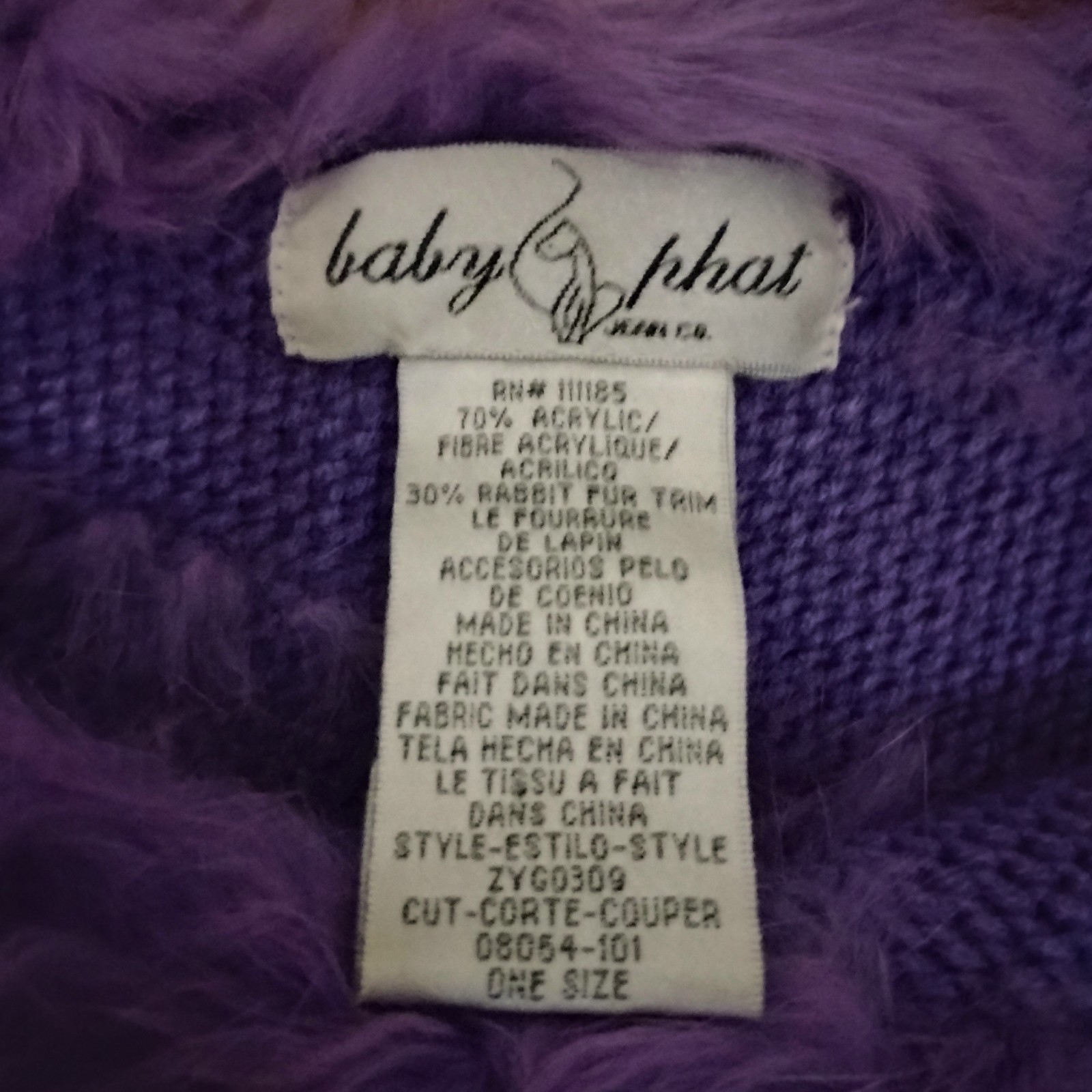 VTG BABY PHAT purple knit poncho pullover genuine Rabbit fur emb cat logo one sz