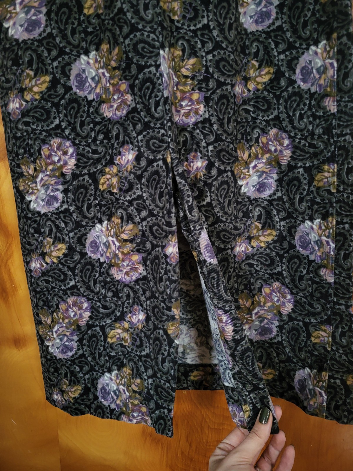 Vintage Laura Ashley Corduroy Dress – Grey-Purple Paisley, Size 10 (S-M / 8-8P)