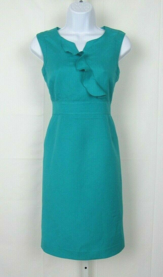 VTG 1980s 90s TAHARI ARTHUR S LEVINE SIZE 4P TURQUOISE LINEN RAYON BLEND DRESS