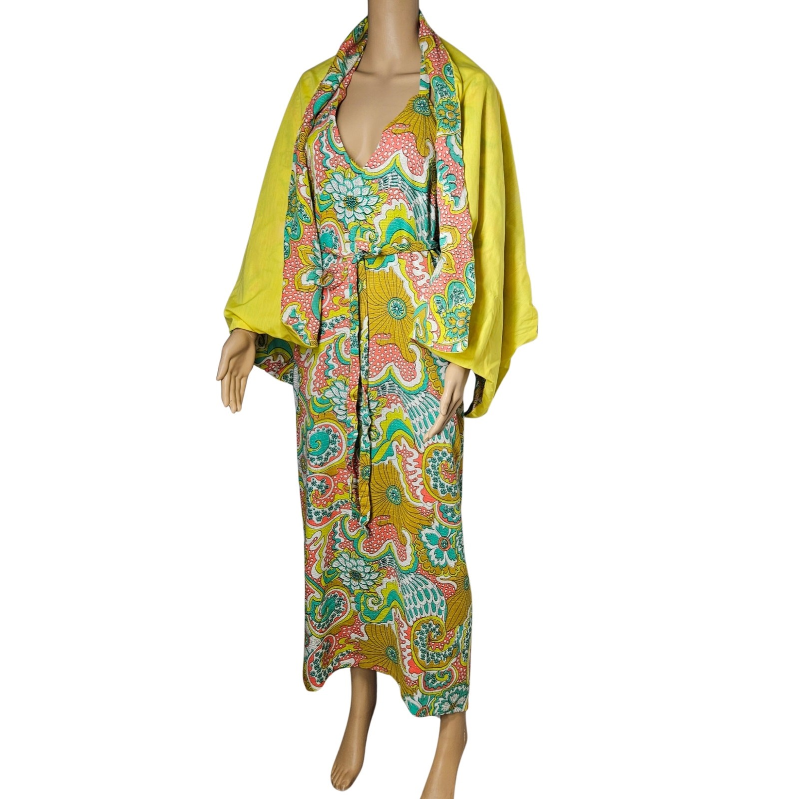 70s Wrap Maxi Dress Yellow Handmade Floral Vintage Strappy Backless 2 pc Size S