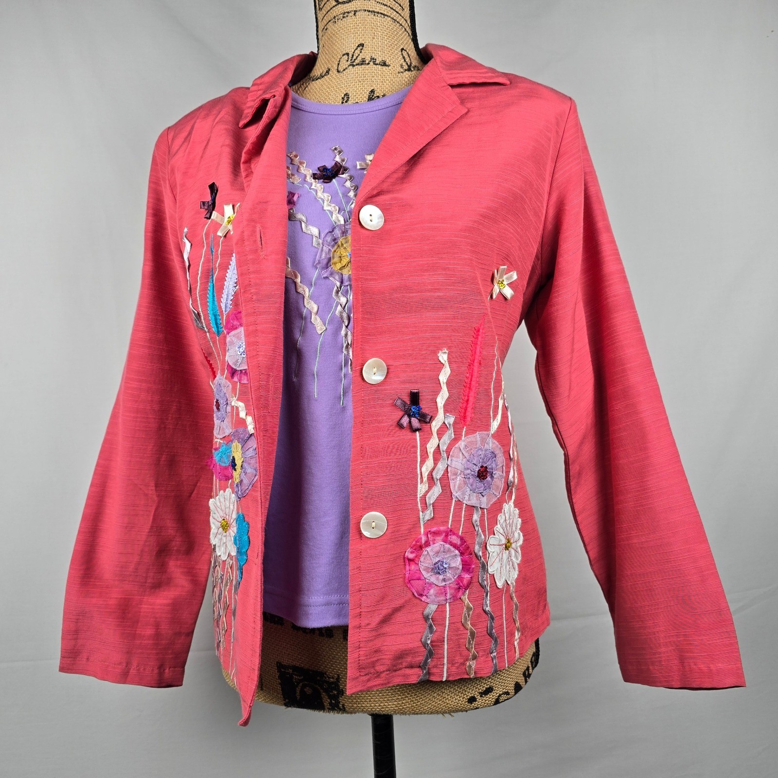 Indigo Moon Womens 2 Piece Set Jacket & T-Shirt Floral Embroidered Pink Purple S