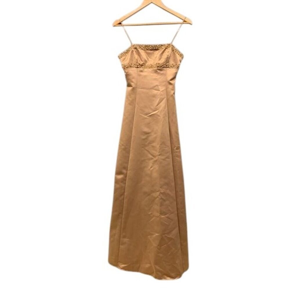 De Laru Beaded Satin Maxi Gown Dress Womens Size 5/6 Gold Vintage Y2K Formal